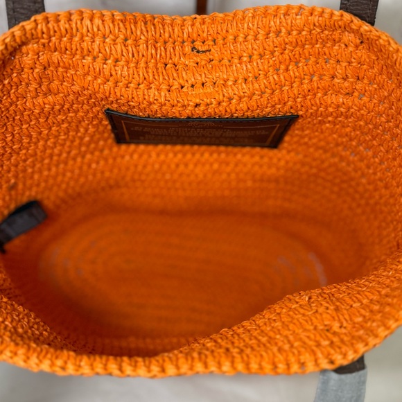 KURT GEIGER Hampton Raffia and Leather Shoulder Tote Bag Orange Brass Eagle Head - Picture 15 of 16